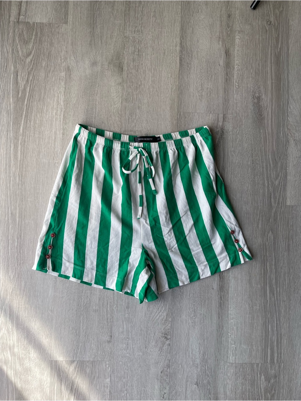 High-Waist Green & White Striped Lounge Shorts with Drawstring